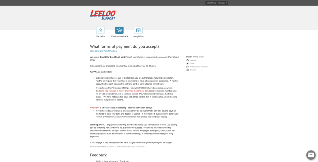Zahlungsmethoden bei Leeloo Trading